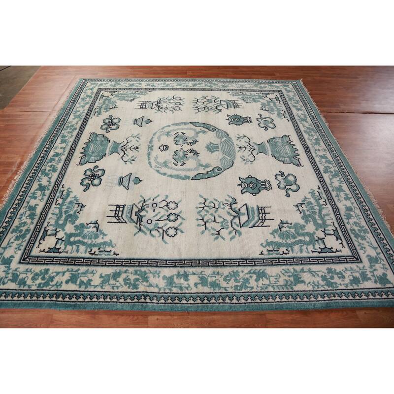 Hand Knotted Oriental 100% Wool Carpet Traditional Geometric Beige & Ivories Art Deco Area Rug - 7' 10'' X 7' 11''