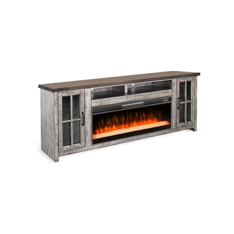 Gery TV Console w Crystal Fireplace, 76 Inch, 2 Cabinets, Gray Brown Mahogany