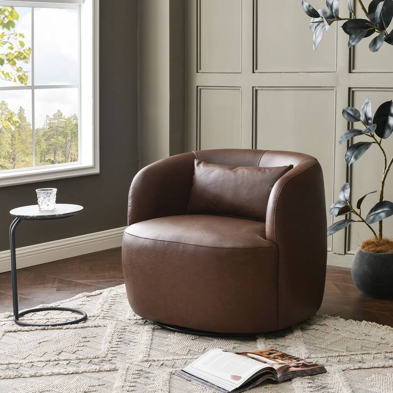 KINWELL 34" Wide Swivel Faux Leather Barrel Armchair Upholstered PU Leather Accent Chairs for Living Room Office Lounge - Set of 1 - Dark Brown