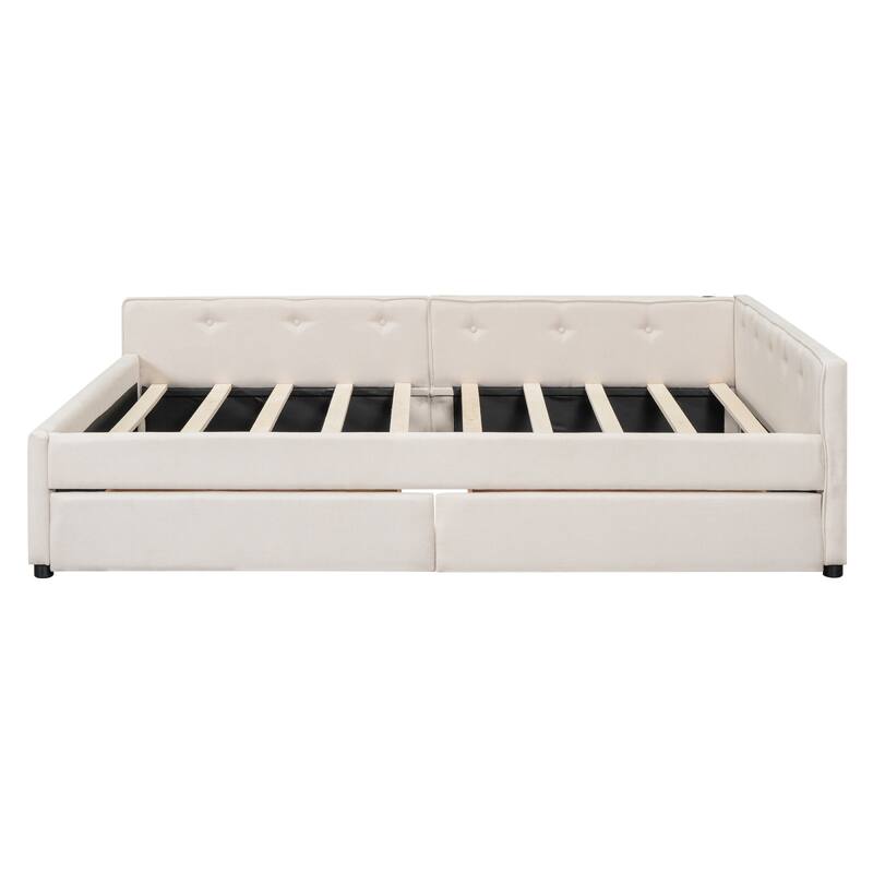 Full/Queen Size Upholstered Daybed with 2 Storage Drawers and USB Ports, Floor Daybed Frame Sofa Bed with L-Shaped Headboard