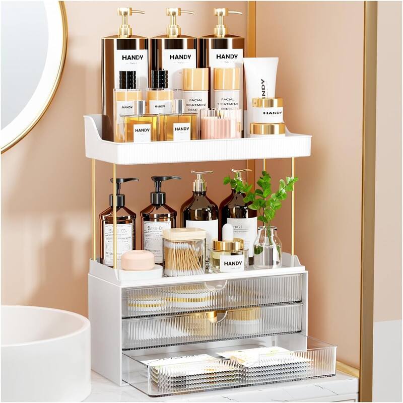 3 Drawers 2 Tier Makeup Organizer - Bathroom Counter Organizer - Clear