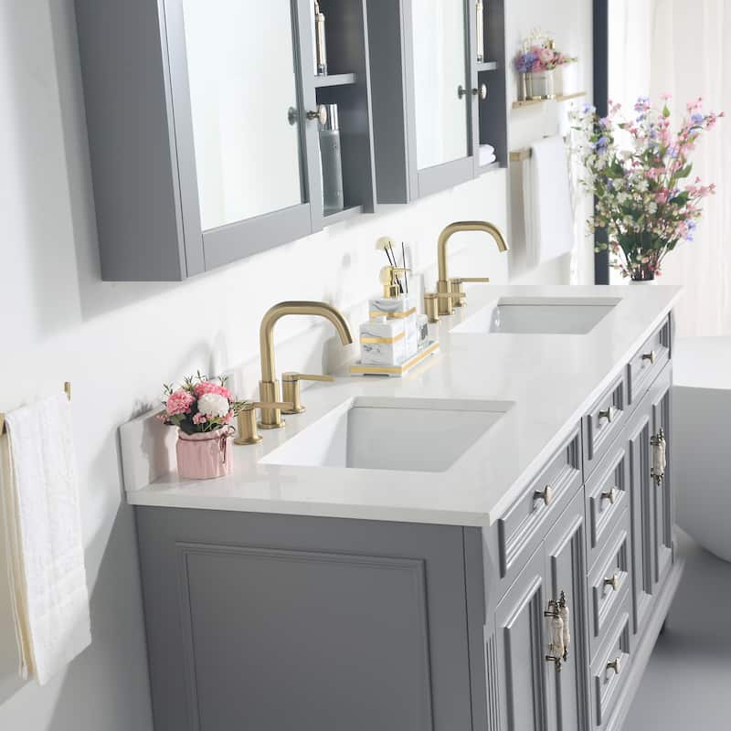 35'' H Solid Wood Bath Vanity with Stain-resistant Carrera White Quartz Top and Double Sink