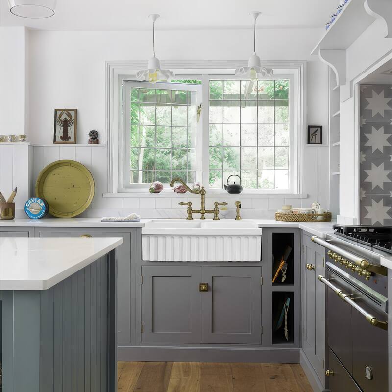 Whitehaus Quatro Alcove 33" Farmhouse Double Basin Fireclay Kitchen