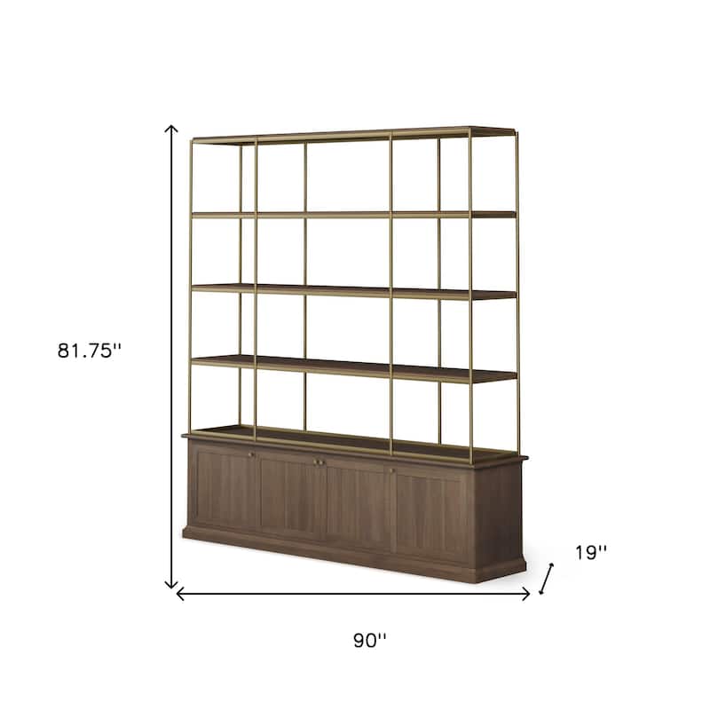 HomeRoots 82" Antiqued Brass And Brown Distressed Metal and Solid Wood Four Tier Bookcase with Four Doors