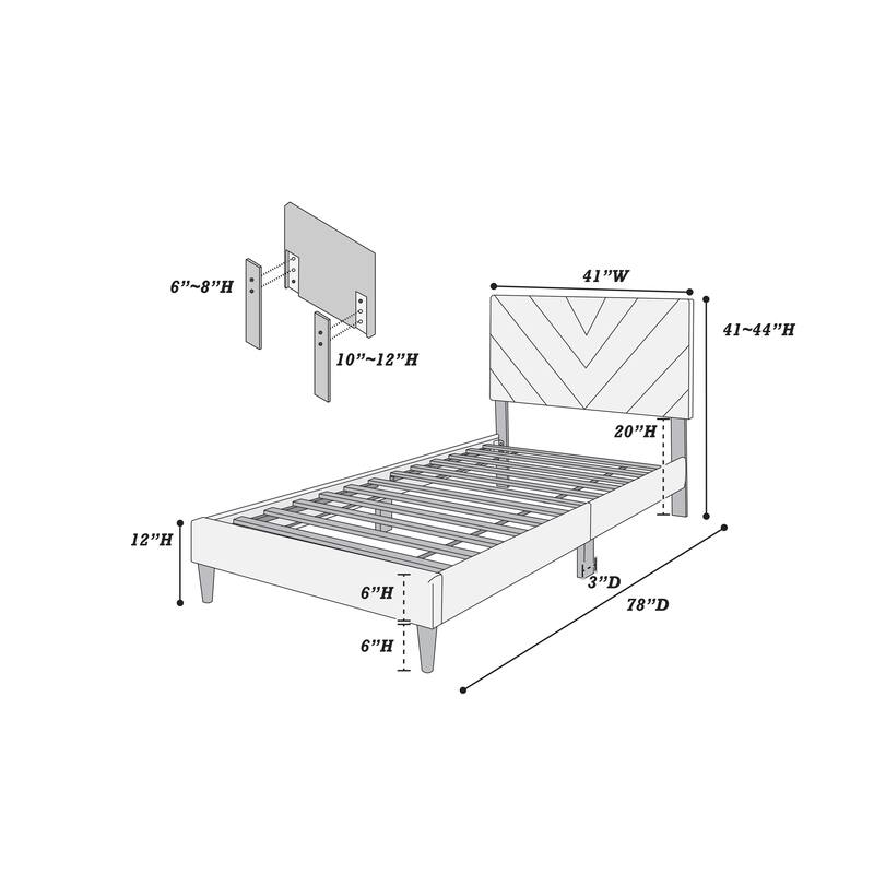Adjustable Velvet Twin Bed with V-Stitch Headboard & 12-Slat Support
