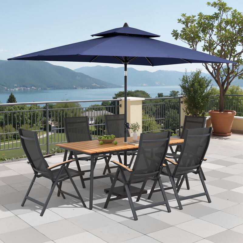 9/11-Piece Outdoor Patio Dining Set Aluminum Dining Table and Folding Chairs w/10 ft Umbrella and Base - Set of 9 - Brown Table with Navy Blue Umbrella