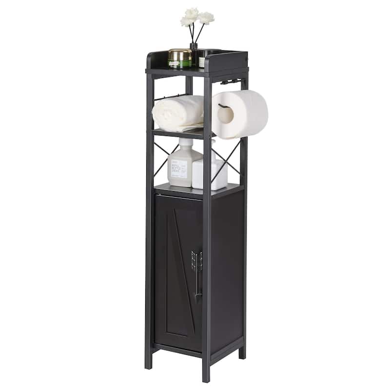 VECELO Slim Bathroom Floor Cabinet with Shutter Door 3-Tier Storage Shelf with Hooks Freestanding Cabinet for Bedroom, Entryway