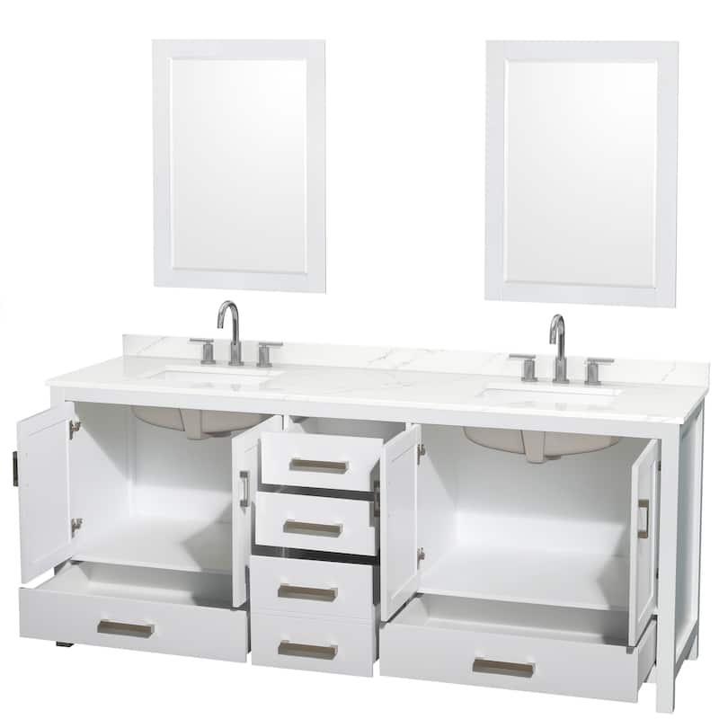 Sheffield 80-inch Double Vanity, 3 Hole Quartz Top, 24-inch Mirrors