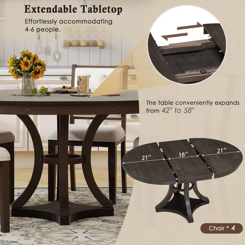 5-Piece, Retro Functional Dining Table Set with Extendable Round Table and 4 Chairs, for Dining Room and Living Room ,Espresso