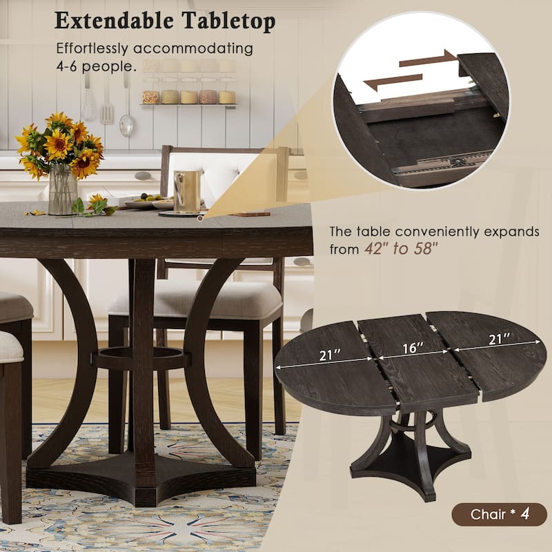 5-Piece Retro Functional Dining Table Set Extendable Round Table and 4 Upholstered Chairs for Dining Room and Living Room