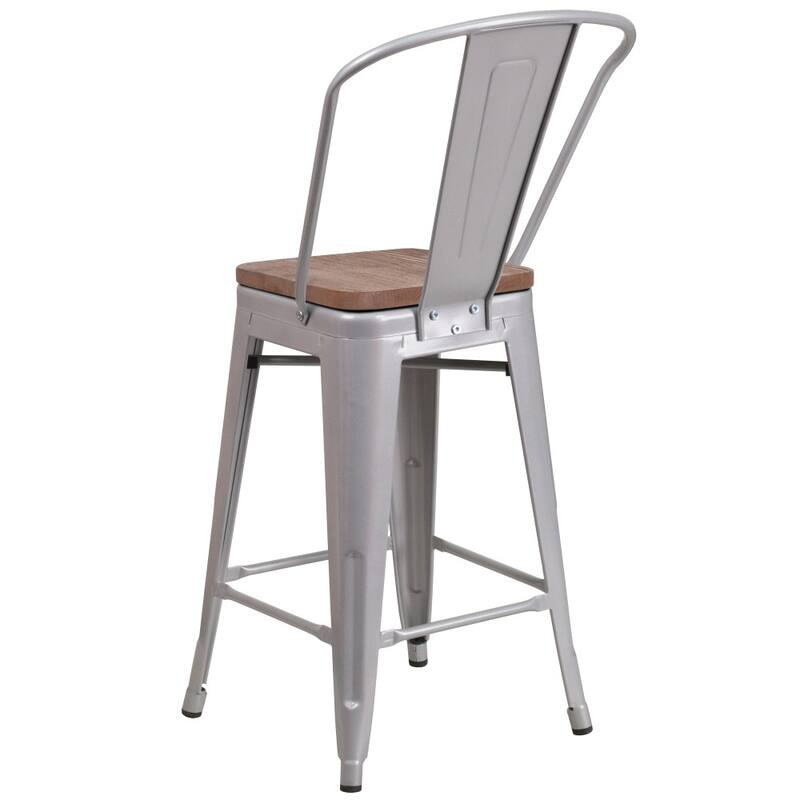 4 Pack 24" High Metal Counter Height Stool with Back and Wood Seat - 17.75"W x 20"D x 39.25"H