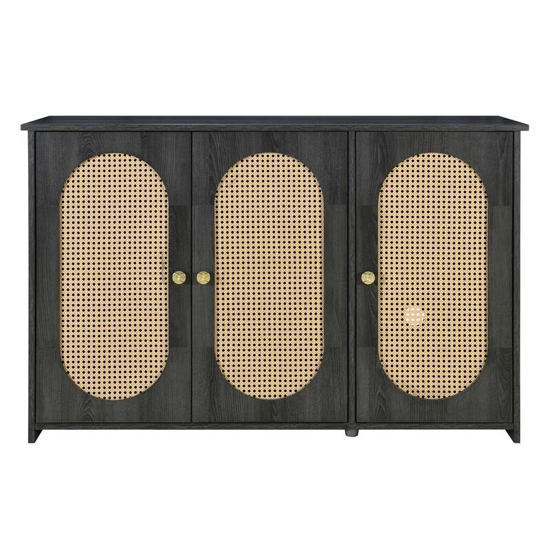 Retro 3-Door Sideboard with PVC Rattan Doors and Metal Handles, Buffet Cabinet Accent Storage Cabinet with Storage Shelves