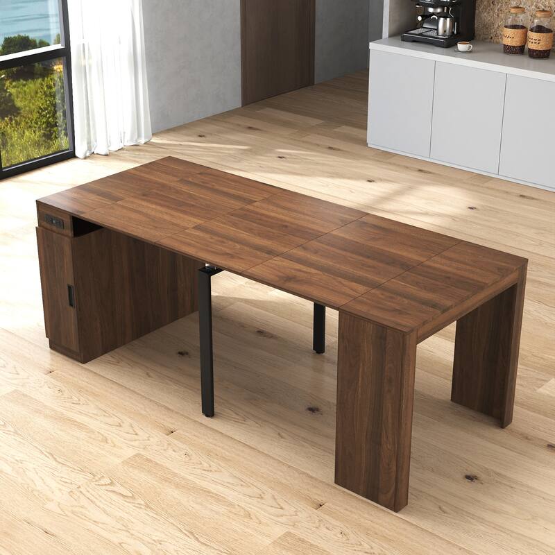 Modern Extendable Dining Table with Outlet & Storage, Space-Saving Expanding Table for Party & Meetings