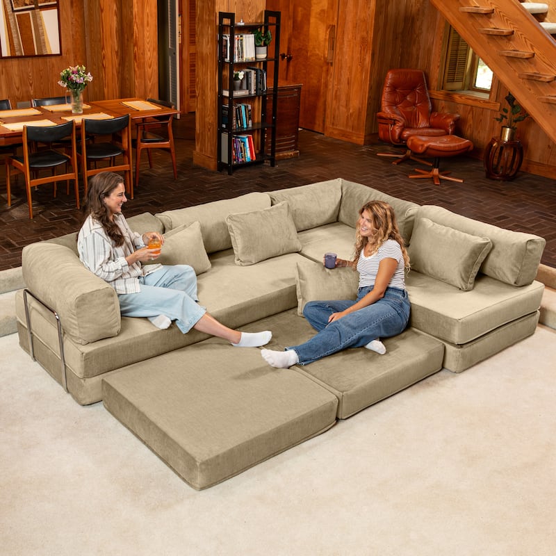Jaxx Unsofa Modular Convertible Sectional Sofa with Fold Out King Sleeper Bed - U-Shaped Sectional. - Performance Microvelvet Sand Beige