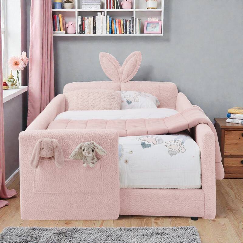 Twin Size Upholstered Platform Bed with Rabbit Ear Headboard, Kids Boucle Fabric Bed Frame with Safety Rail and Pocket - Pink - Twin