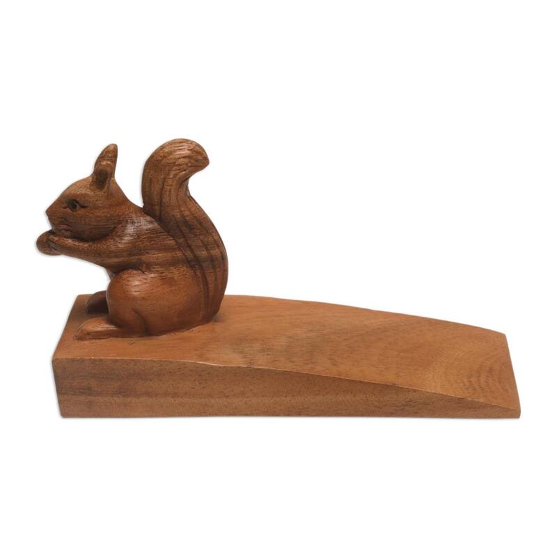 Novica Handmade Helpful Squirrel In Brown Wood Doorstop