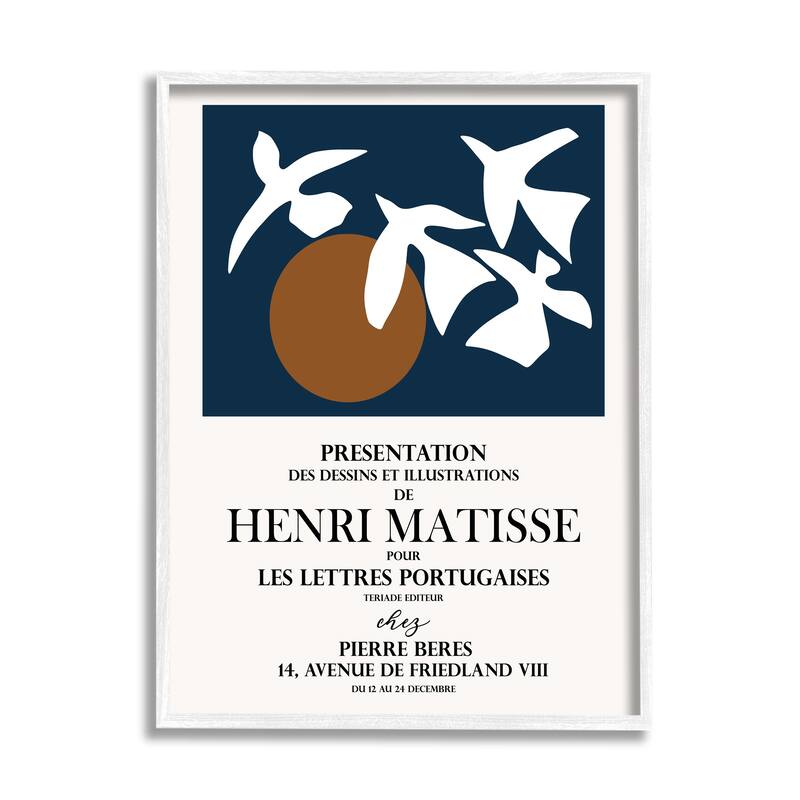 Stupell Historic Matisse Birds Flying Sun Collage Flyer Framed Wall Art - Blue - 24 x 30 - White