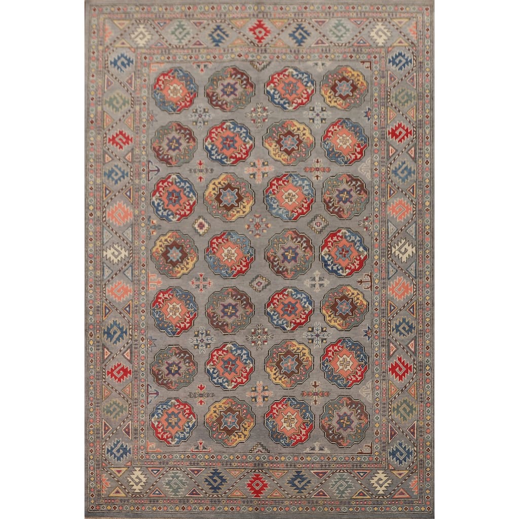 All-Over Gray Kazak Living Room Area Rug Hand-Knotted Wool Carpet - 6'7" x 9'8"