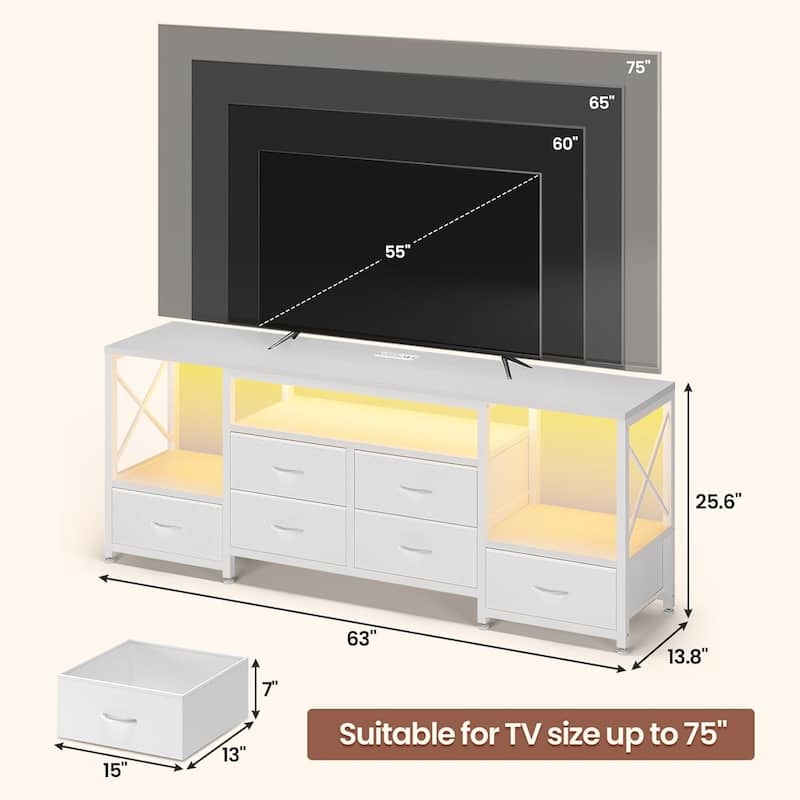 TV Stand with LED Lights Power Outlets Dresser Fabric Drawers Entertainment Center