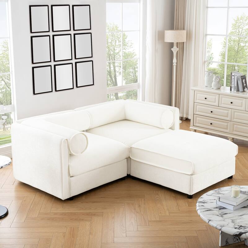 Modern Chenille 6-Seater Sofa with Ottoman Storage, Hidden Storage, Cylindrical Cushioned Arms and Backrest