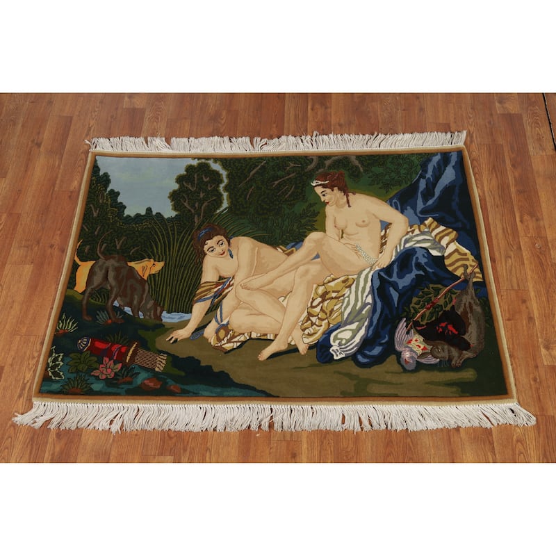 Hand Knotted Oriental 100% Wool Carpet Traditional Pictorial Multi-Colored Tabriz Area Rug - 4' 3'' X 3' 2''