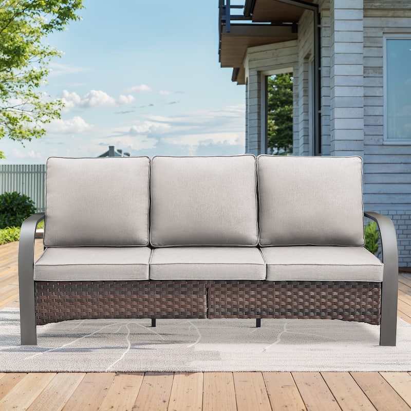 Pocassy Outdoor Patio Sofa Chairs Ottoman Set Funiture - 1PC Sofa - Brown Rattan - Beige Cushion