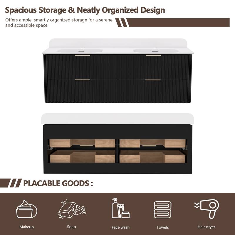 60" Floating Bathroom Vanity with Integrated countertop Rectangulare Sink Solid Wood - 60 inch