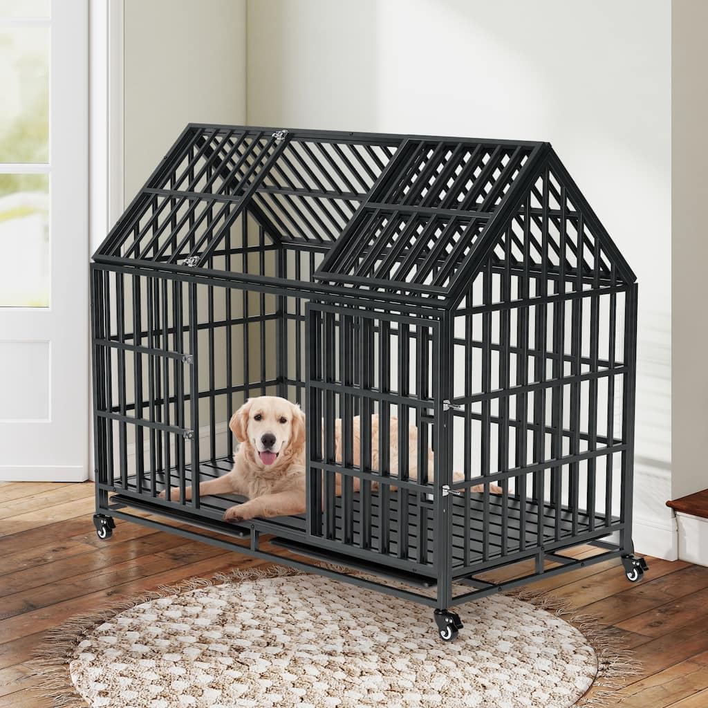 52'' Heavy Duty Dog Crate with Roof Top and Wheels Indestructible Escape-Proof Dog Kennel