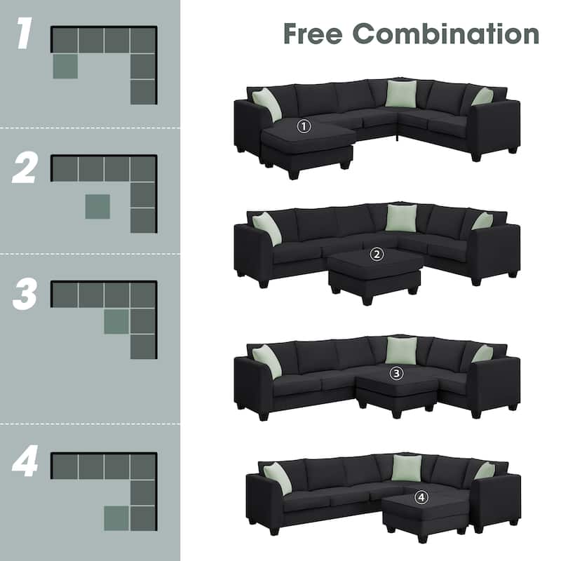 112*87" Sectional Sofa Couche Living Room Sets,7 Seats Sectional Sofa with Ottoman, L Shape Sofa Corner Couch Set with 3 Pillows