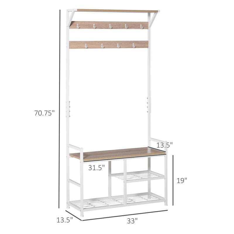 HOMCOM Hallway Tree Bench Organizer with 9 Coat Hooks, Large Sitting Bench and 3 Open Shelves for Entryway