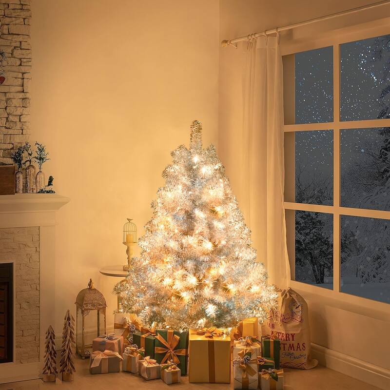 4FT Sliver Pre-Lit Artificial Christmas Tree,Hinged Full Tree with Metal Stand,400 Branch Tips,150 LED Lights,11 Lighting Modes