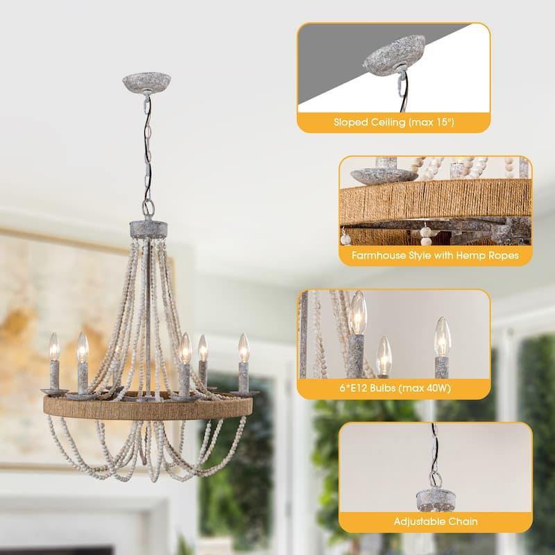 23.6" Farmhouse 6-Light Wood Bead Hemp Ropes Candle Chandelier - 23.6" L x 23.6" W x 22.7" H