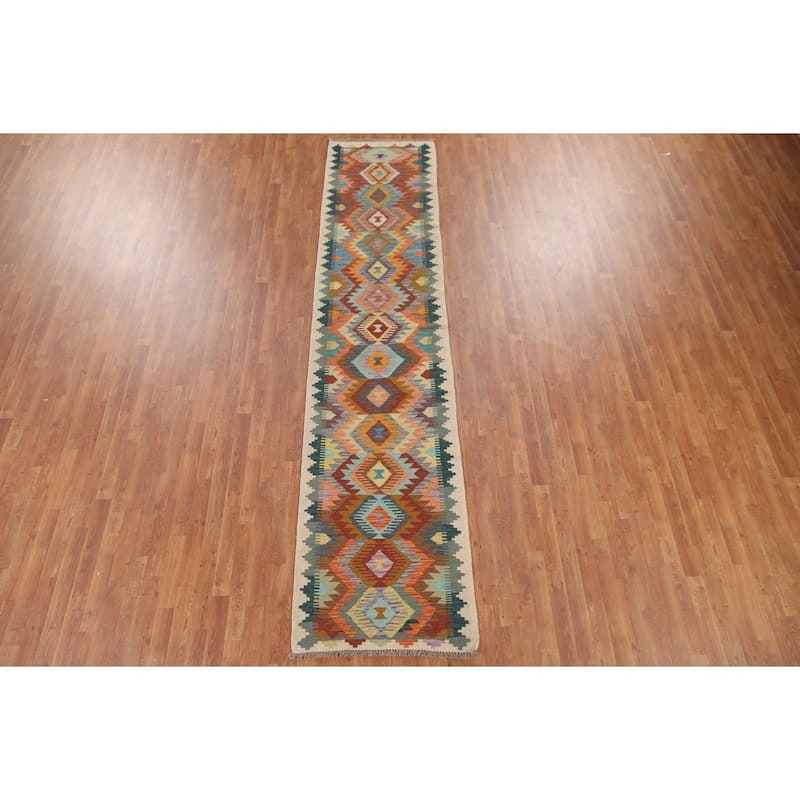 Hand Woven Oriental 100% Wool Carpet Southwestern Geometric Multi-Colored Kilim Runner Rug - 12' 3'' X 2' 9''