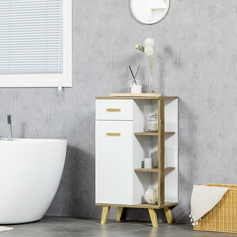 kleankin Bathroom Floor Cabinet, Side Storage Organizer Cabinet with Drawer and Shelves for Bathroom, White and Natural