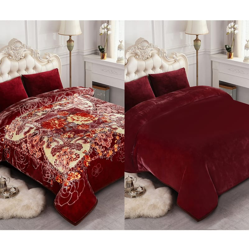 Luxury Heavy Thick Plush Blanket 2 Ply A&B Disign For Winter 79"x91" 9 lbs - Dark Red - Queen-79"x93"