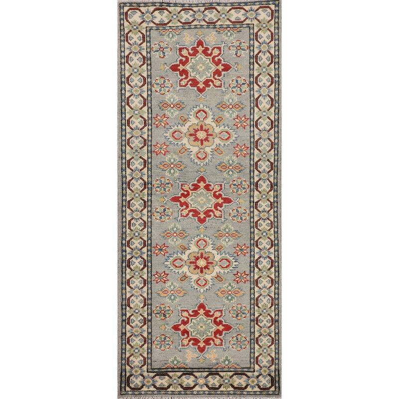 Geometric Kazak Oriental Runner Rug Hand-Knotted Wool Carpet - 2'1" x 5'9"