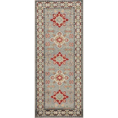 Geometric Kazak Oriental Runner Rug Hand-Knotted Wool Carpet - 2'1" x 5'9"