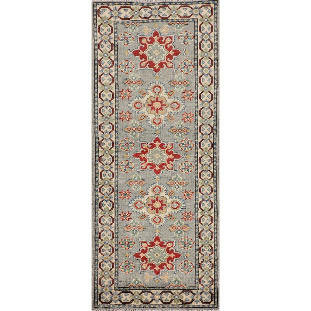 Geometric Kazak Oriental Runner Rug Hand-Knotted Wool Carpet - 2'1" x 5'9"
