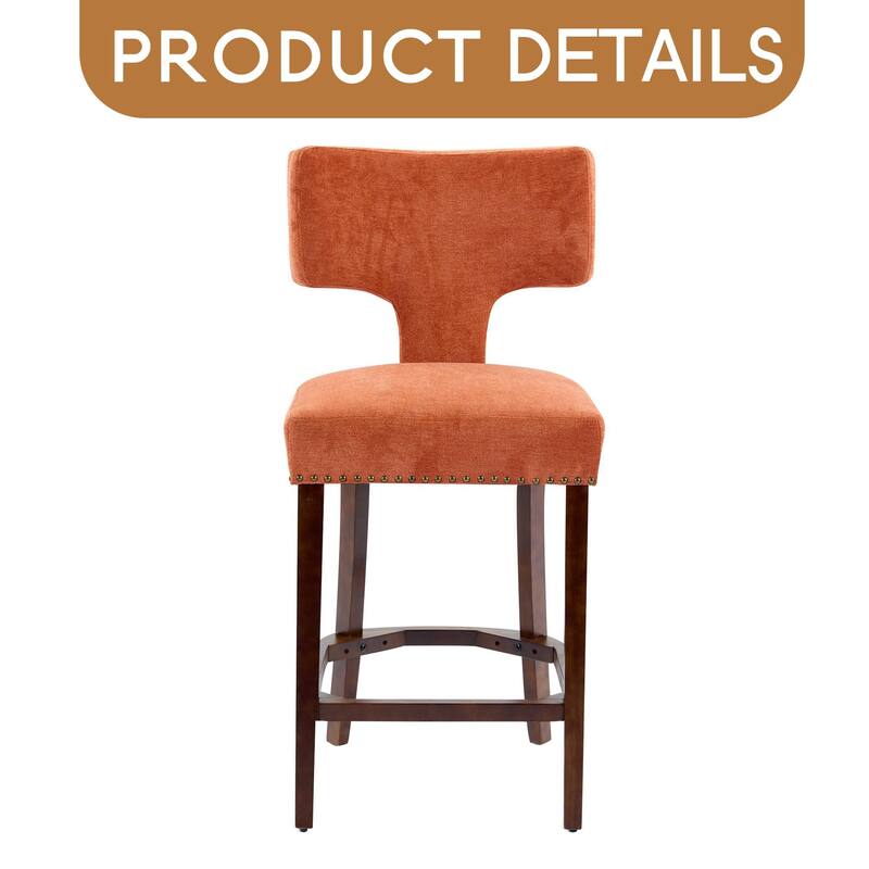 Mid Century Modern Counter Height Bar Stools Set of 2, Farmhouse Linen Fabric Upholstered Accent Chair Curved Backrest