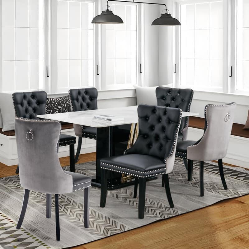 High-end Tufted Velvet Upholstered Nailhead Dining Chair Set of 6 - Set of 6 - Black Grey