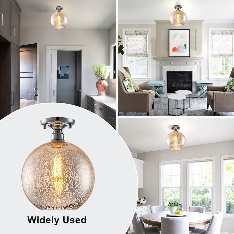 1 Light Semi-Flush Mount Ceiling Light with Cognac Crackle Glass Globe - Dia.10-in