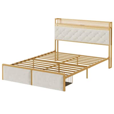 Bed Frame with Storage Headboard, LED Lights and USB Ports, Drawers