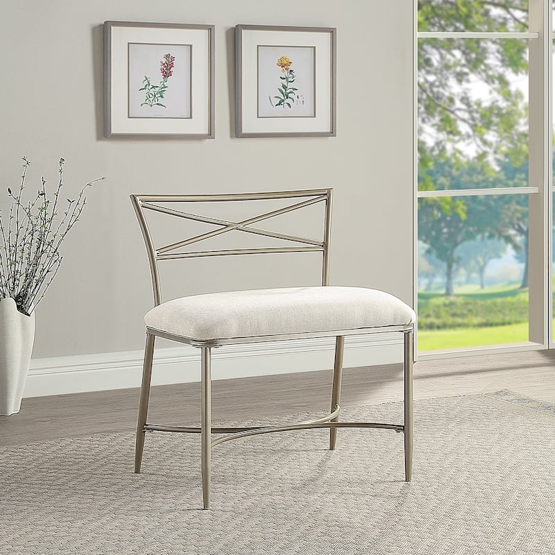 Azalea Park Champagne Gold Upholstered Iron Vanity Bench - Champagne Gold & Creamy White - 24.41 W x 19.29 D x 30.71 H"
