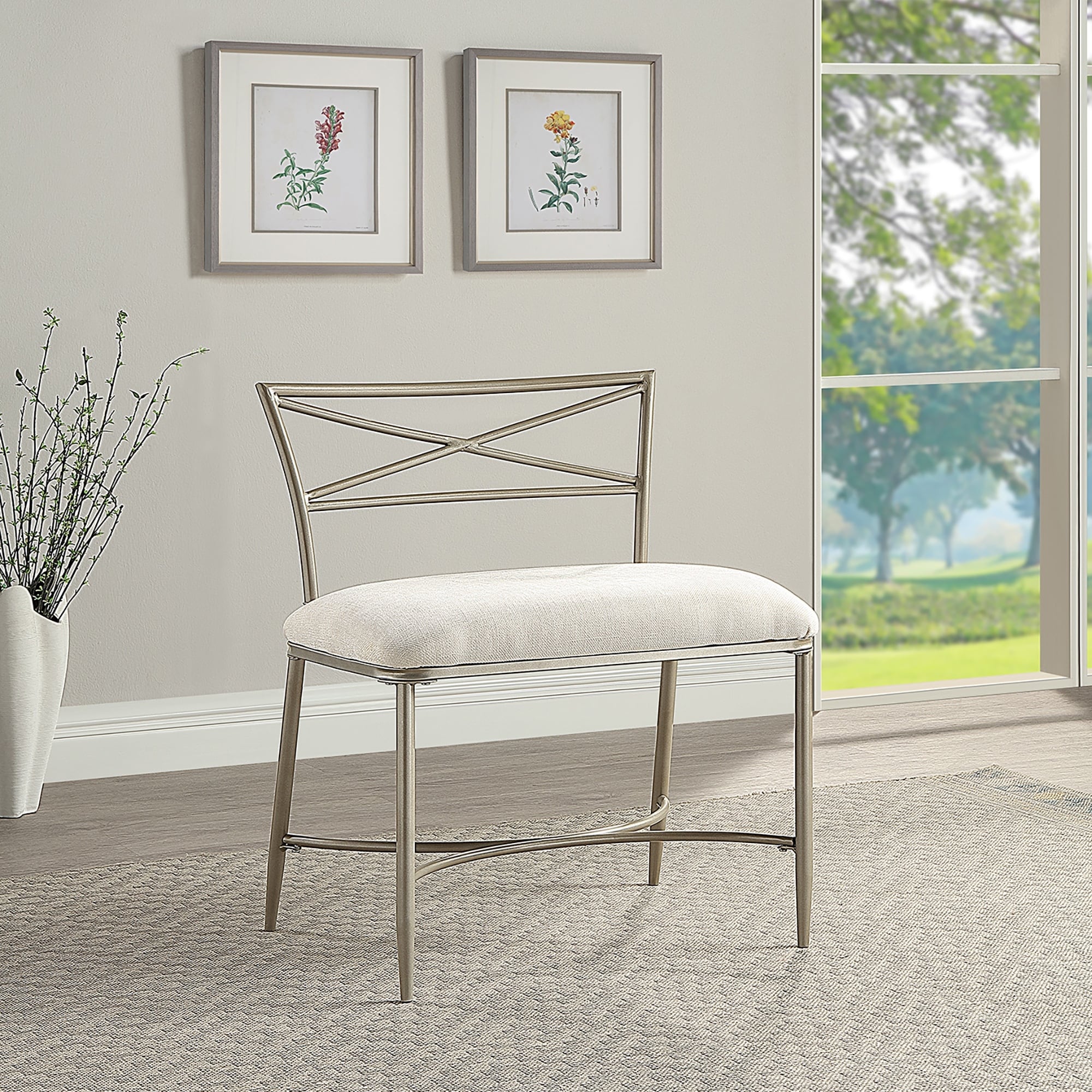 Azalea Park Champagne Gold Upholstered Iron Vanity Bench - 24.41 W x 19.29 D x 30.71 H"