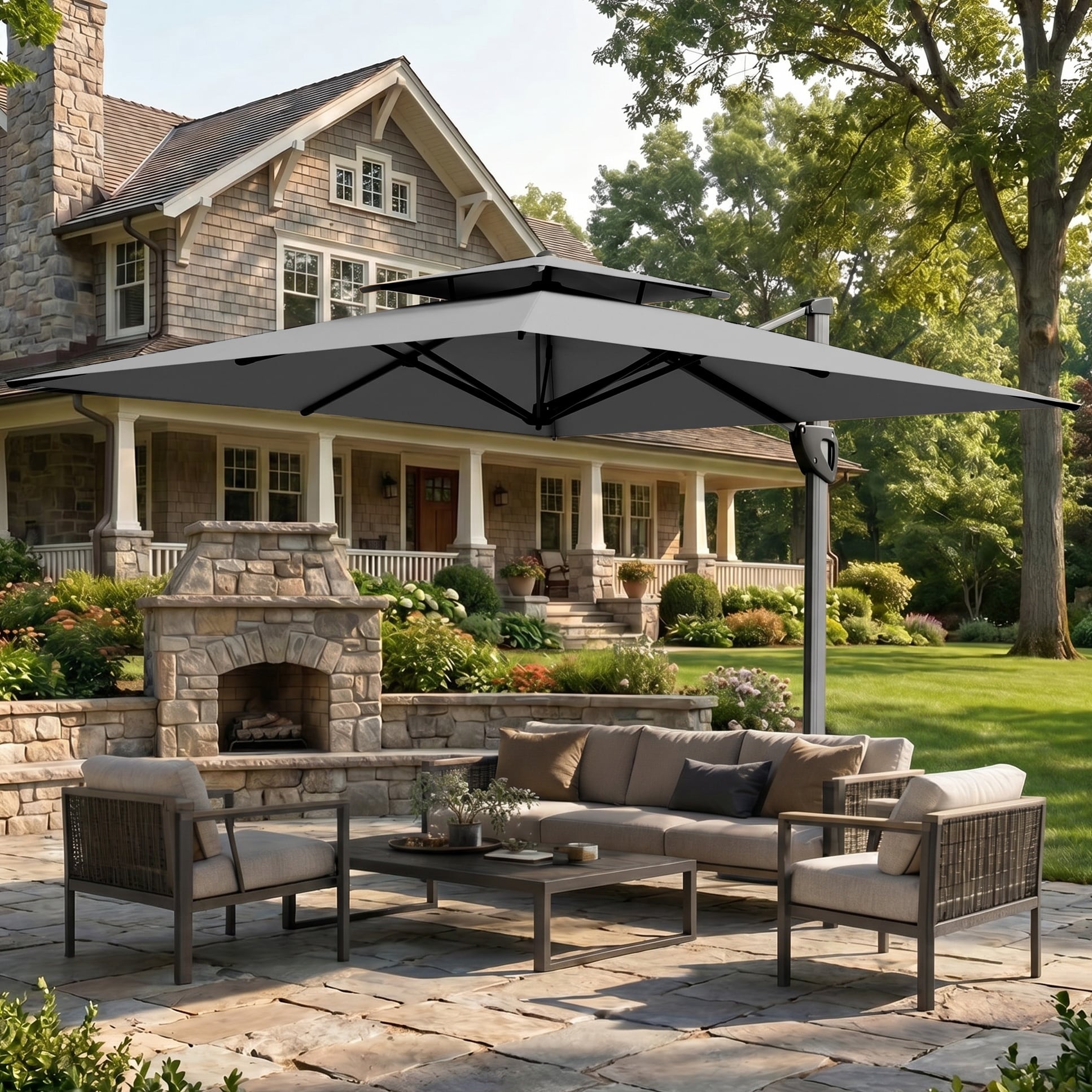 MAISON ARTS 10 FT Automatic Hydraulic Cantilever Umbrella Aluminum Pole 360 Degree Rotation with Weighted Base Included