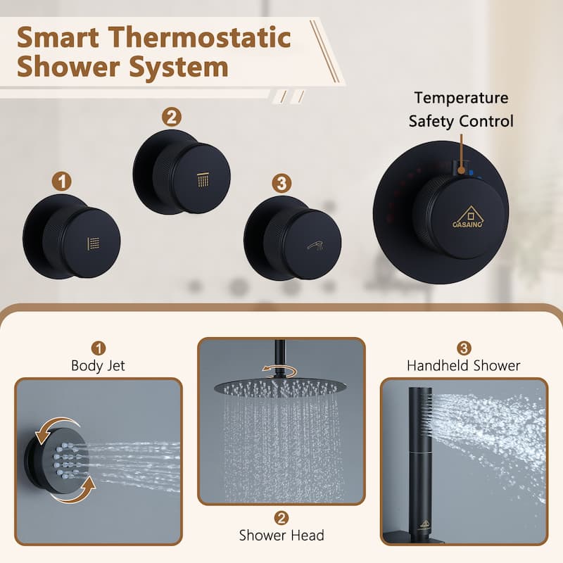 CASAINC Thermostatic 12 inch Rainfall Showerhead with Handheld Spray & 6 Body Jets Set(Can All Run Together) Rain Shower System