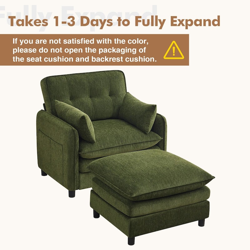 Upholstered Chenille Oversized Accent Armchairs with Ottoman and Side Pocket
