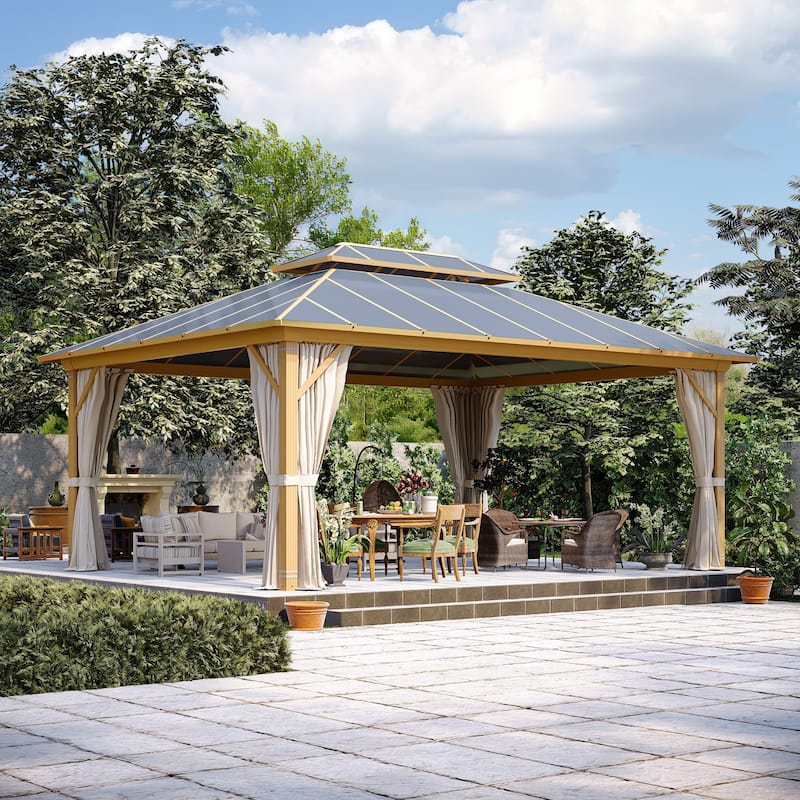 EROMMY Hardtop Gazebo, Waterproof Aluminum Pavilion with Netting & Curtains for Patio, Garden - 12'x16' - Wood Grain Finish