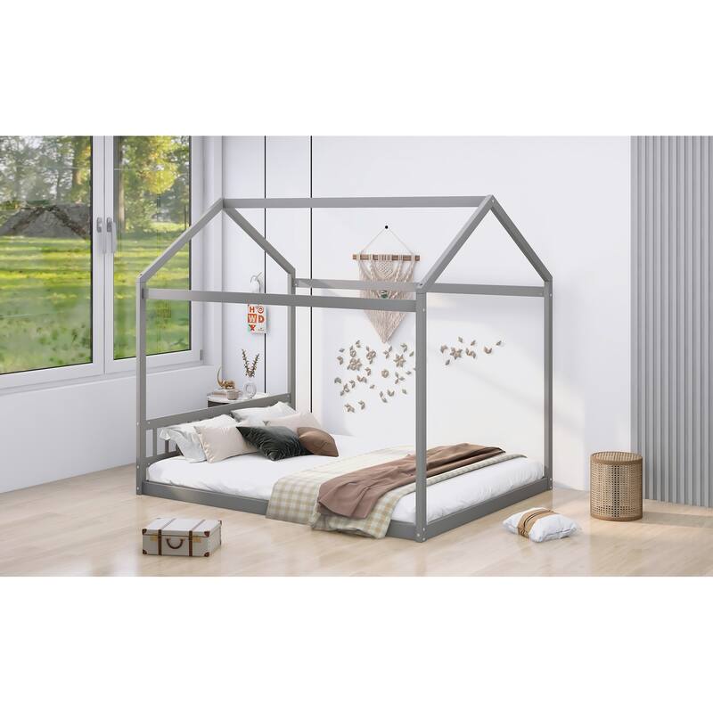 Queen Size House-Shaped Wooden Bed with Headboard in Gray