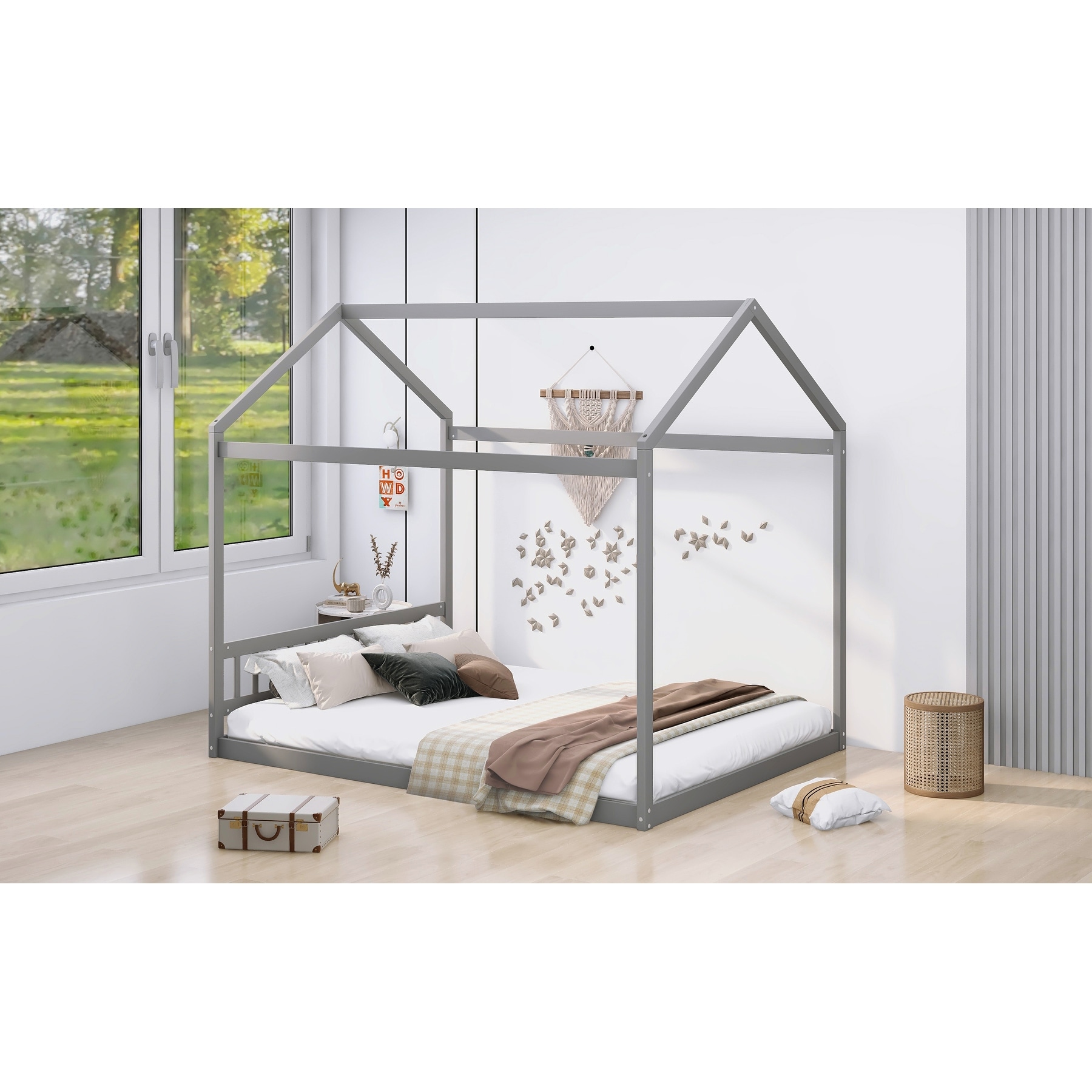 Queen Size Wooden House Bed with Headboard Mosquito Net Top